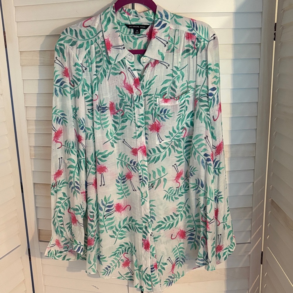 Zac & Rachel Green and Pink Leaf Print Button-Down Shirt